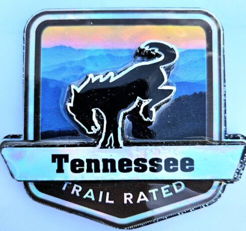 Tennessee Trail Rated Bronco Medallion in sunlight but natural shade -visual description