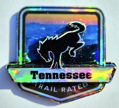 Tennessee Trail Rated Bronco Medallion in sunlight zoomed from distance -visual description