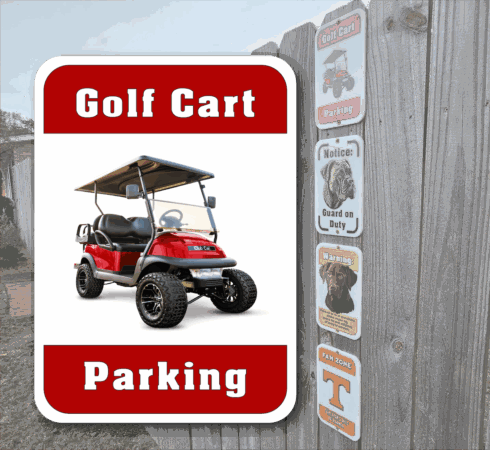 Golf Cart Parking Garden Sign -visual description