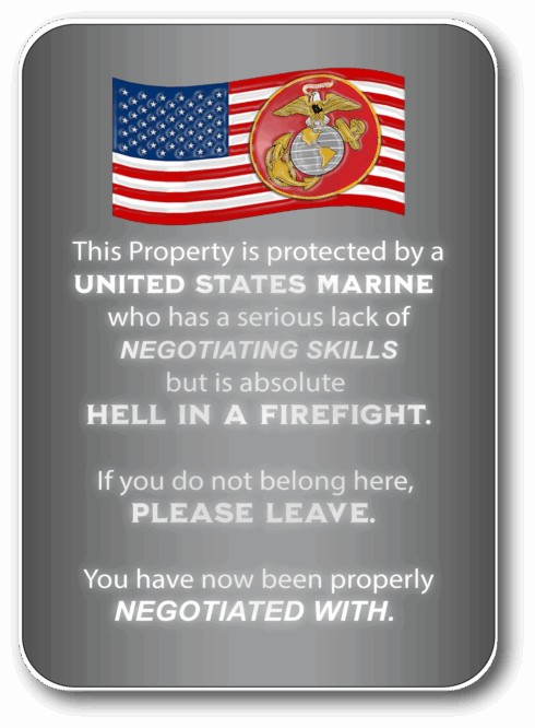 Marine-Negotiating-Firefight Garden Sign -visual description