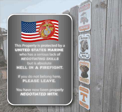 Marine-Negotiating-Firefight Garden Sign -visual description