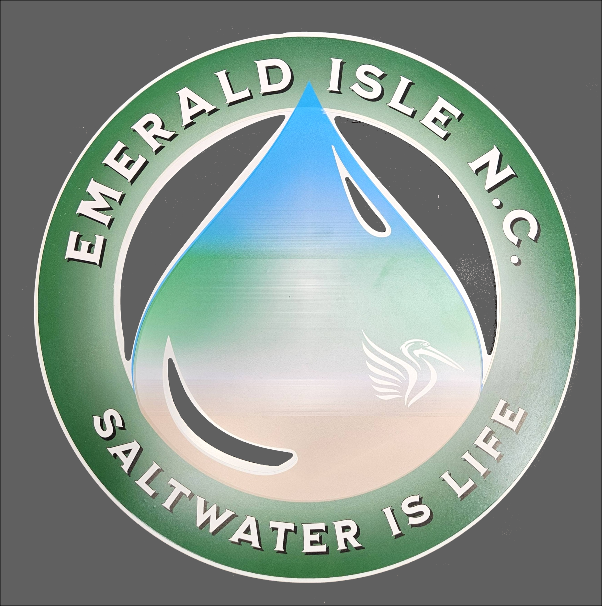 SWiL-EI (Saltwater is Life) Emerald Isle NC Drop. 15inches diameter, decal over maxmetal and die cut -visual description