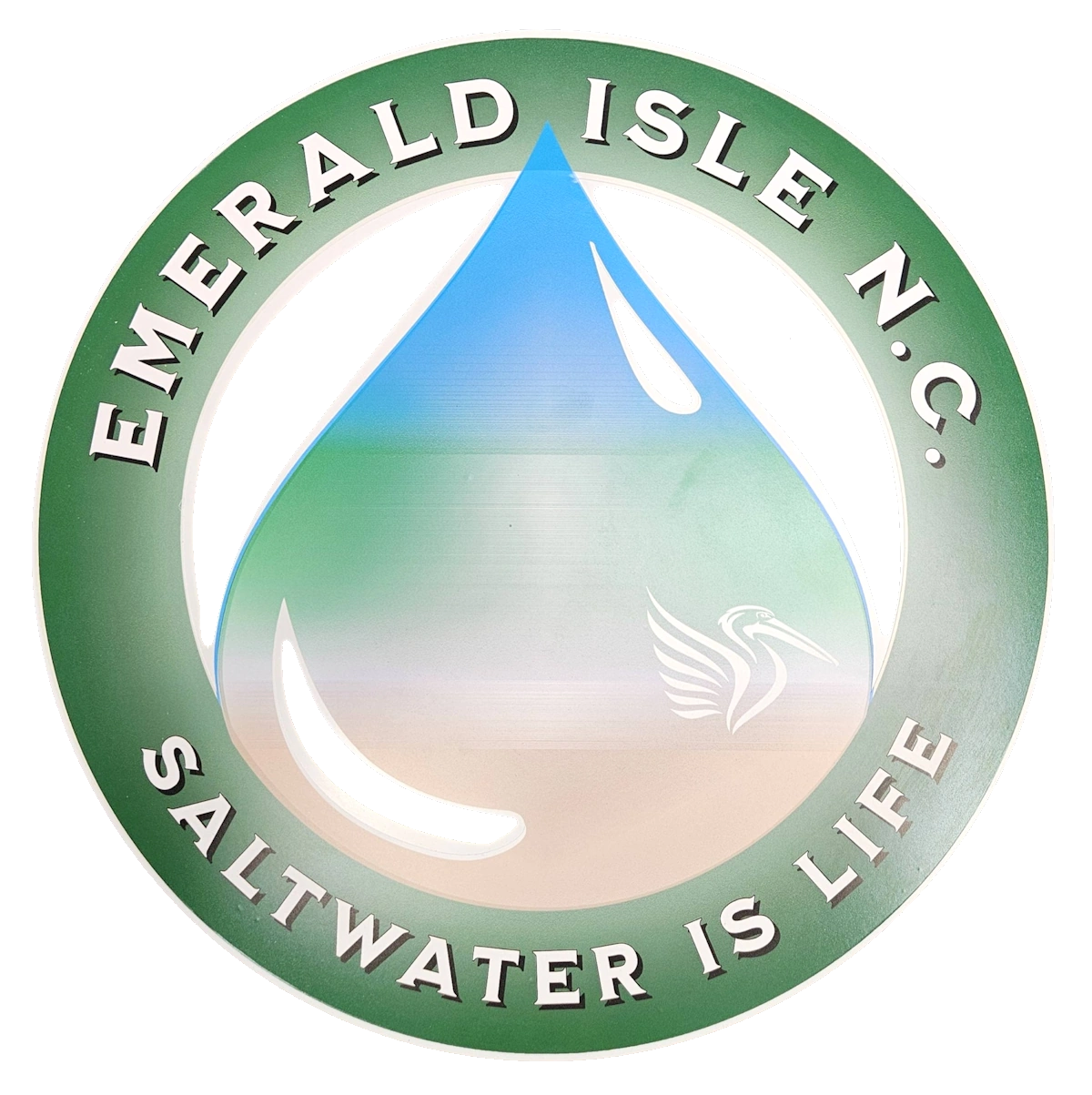 SWiL-EI (Saltwater is Life on Emerald Isle) This is on a 15 inch round(ish) die cut slab of maxmetal with a decal laminated to it- die cut. -visual description