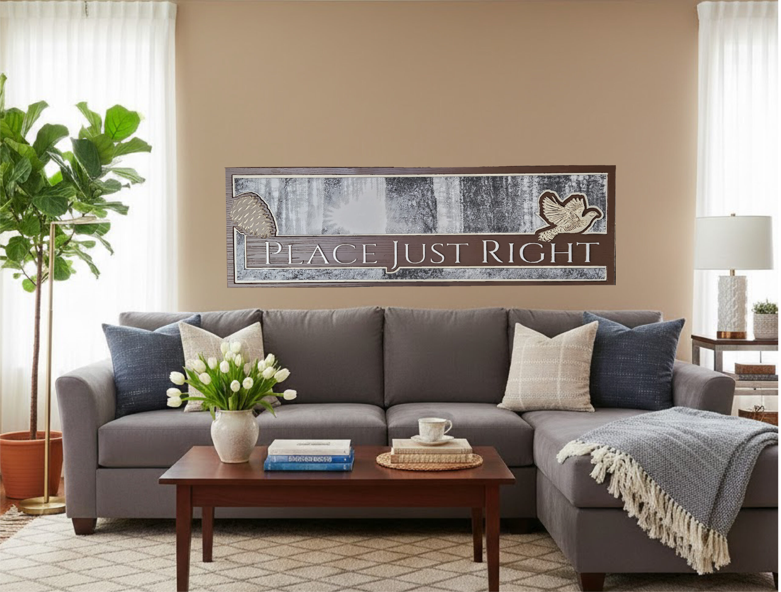 carved image sign -visual description